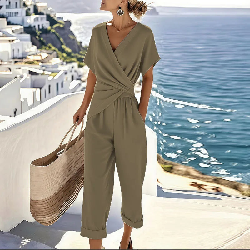 Colleen™ Ensemble Élégant en Deux Pièces | Haut à Devant Enveloppé et Pantalons Coupés